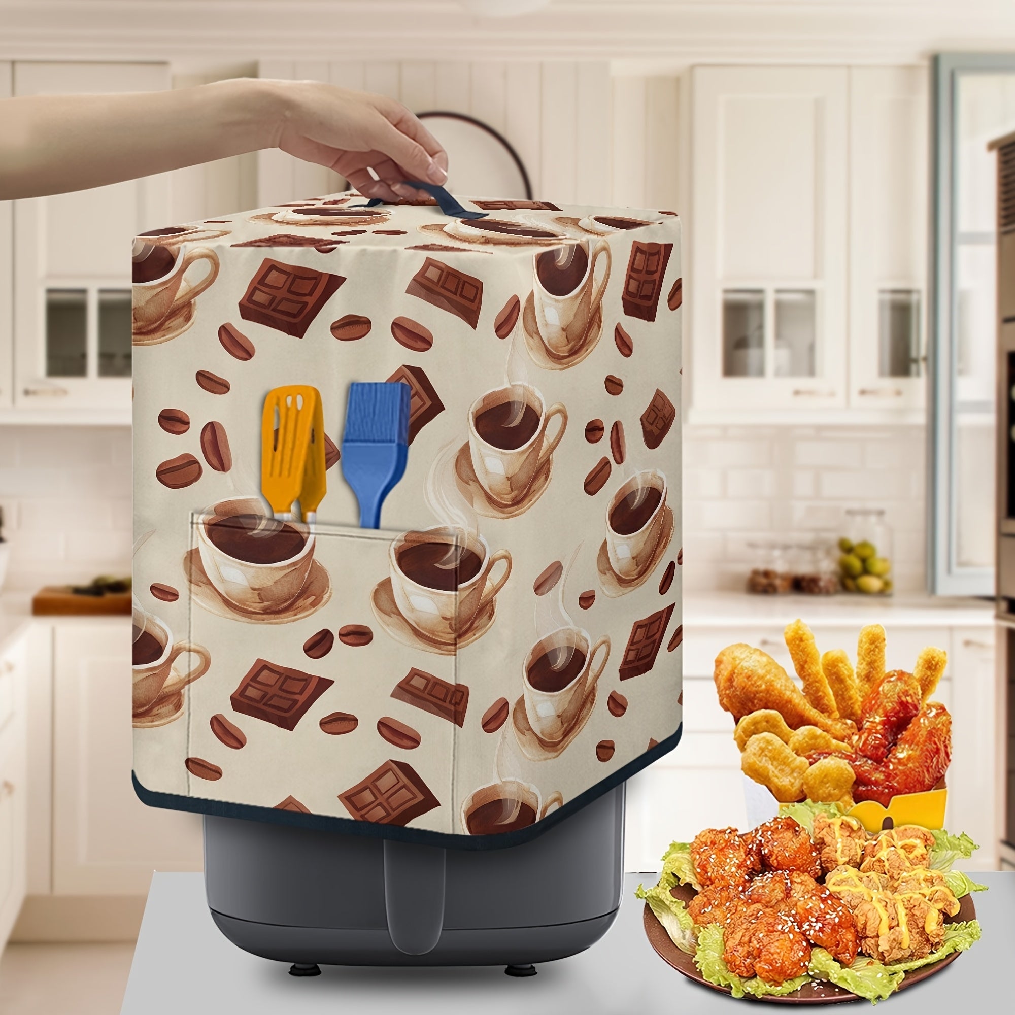 Ko'p funksiyali oshxona apparati qopqog'i tutqichi va qog'oz sochiq sumkasi bilan, elektr qozon, bosim qozoni va havo fritöre uchun mos. Havo fritöre uchun qahva mavzusidagi chang qopqog'i, mukammal.