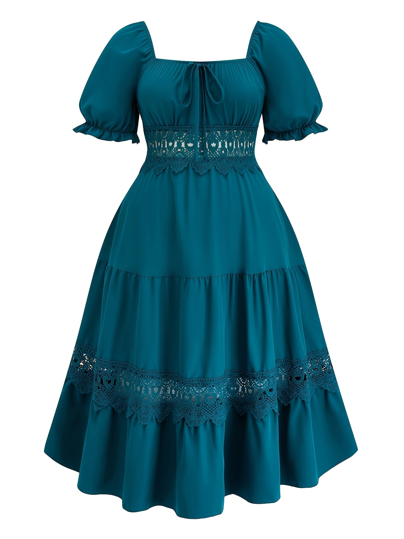V-Neck Midi Dress with Lace Detail Short Sleeve Polyester Spandex Elegant Casual