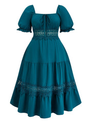 Стильное миди-платье с V-образным вырезом и кружевными деталями - короткий рукав, смесь полиэстера и спандекса, идеально подходит для весны/лета/осени