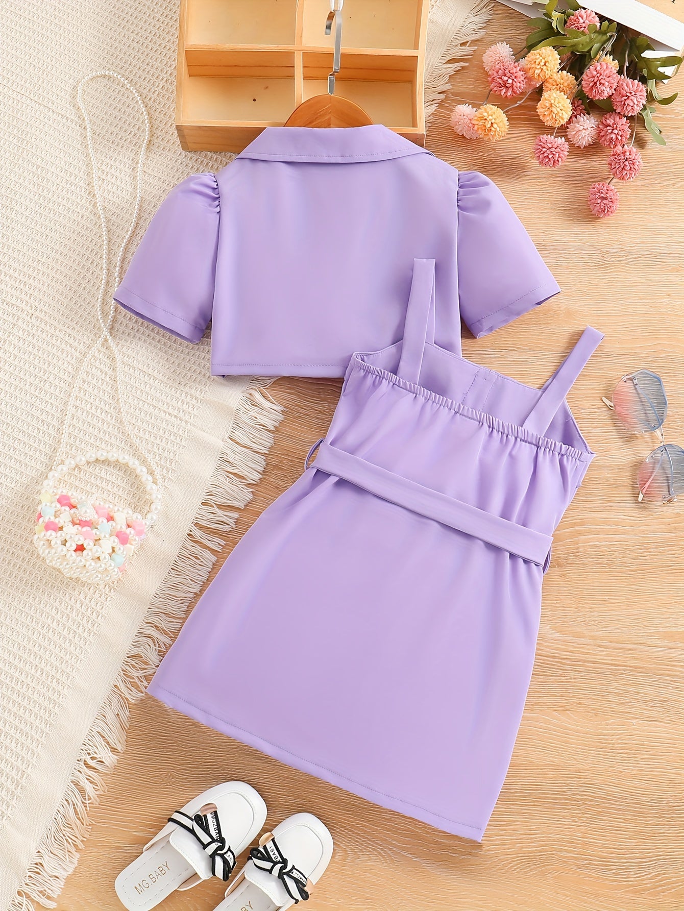 Girls Summer Outfit Light Pink Short Sleeve Blazer and Sundress Set for Kids