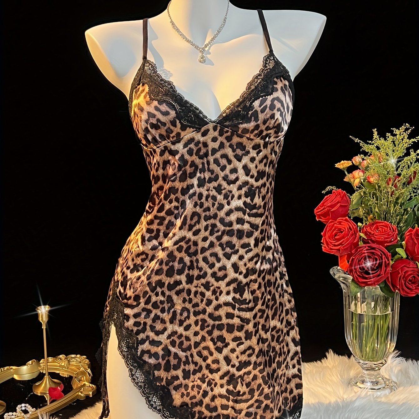 Women's Woven Leopard Print Slip Dress with Cross Strap Lace-Up Detail