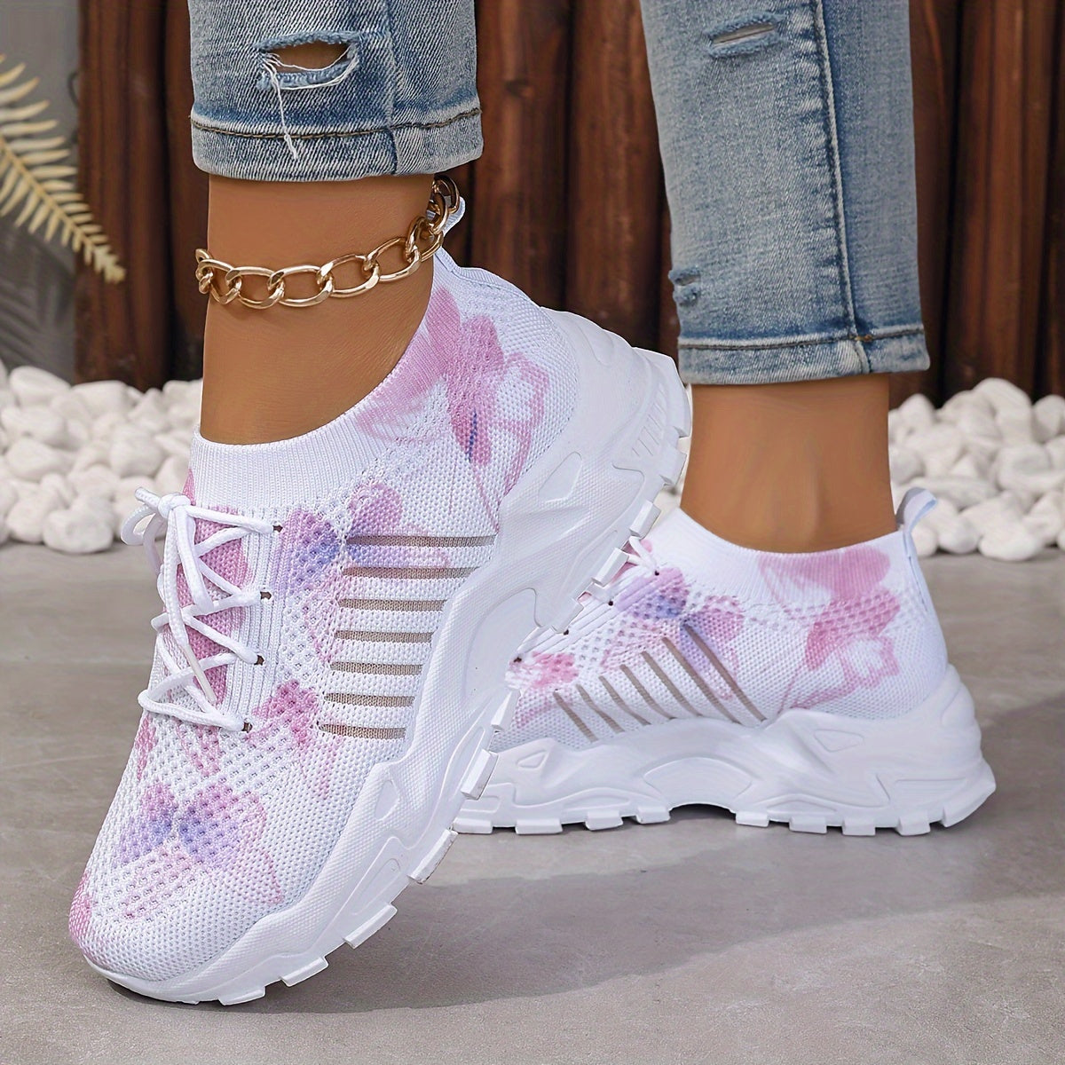Women's White Breathable Running Sneakers with Pastel Purple Blue Accents