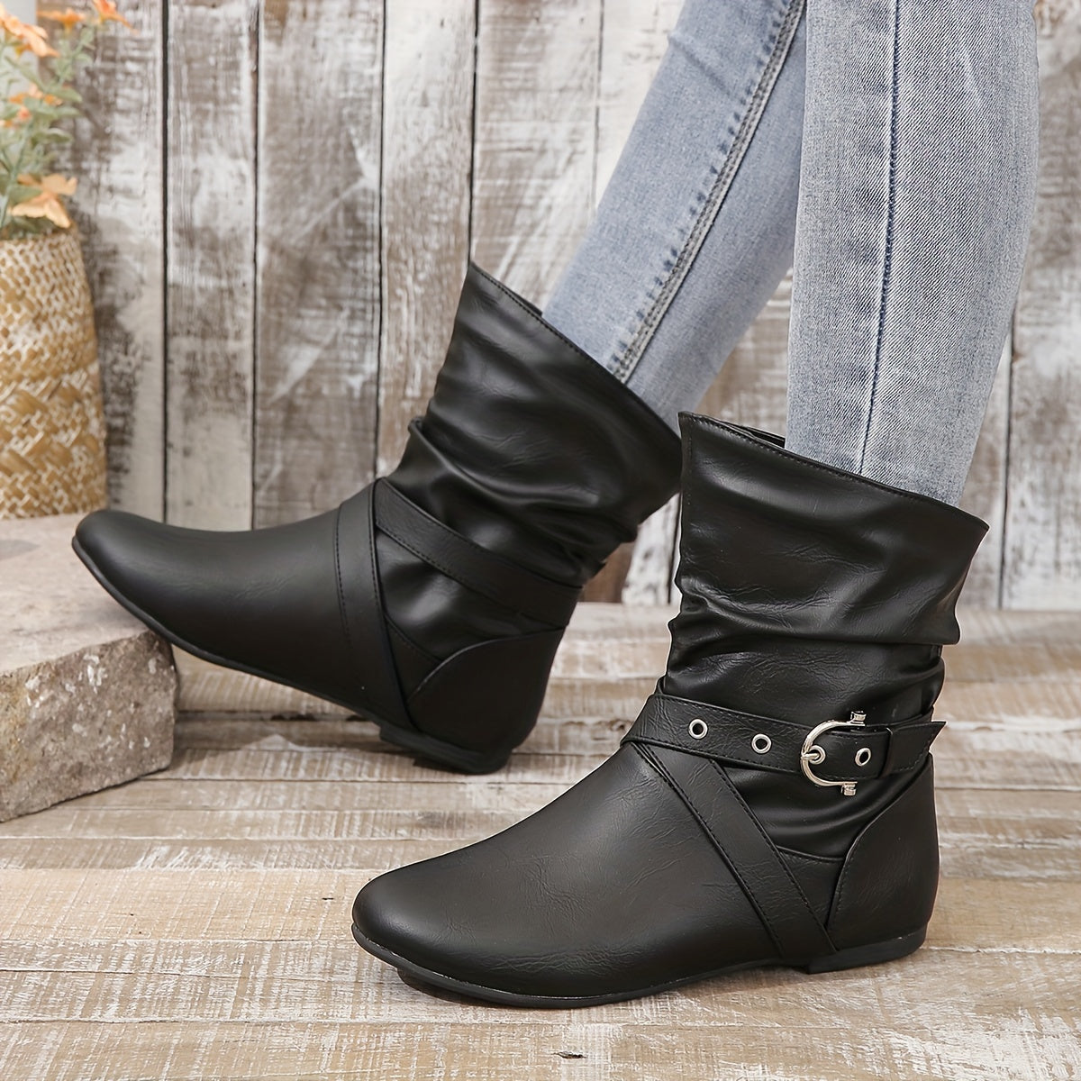 Women's Slip-On Platform Boots with Adjustable Strap Buckle Faux Cover