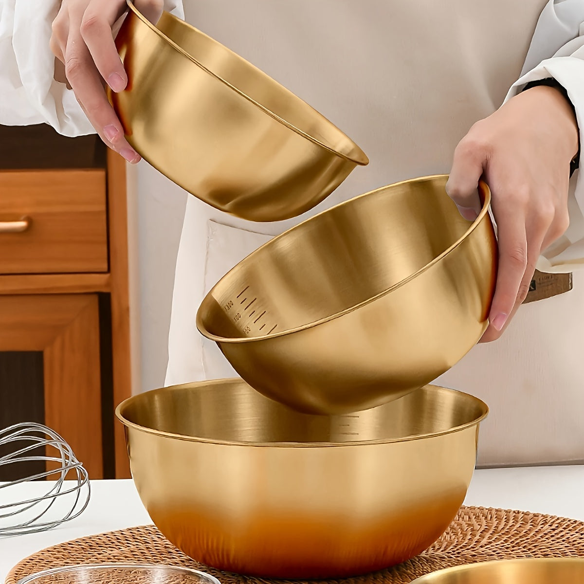 Stainless Steel Salad Bowl with Scale Oven Safe Brushed Metal Finish
