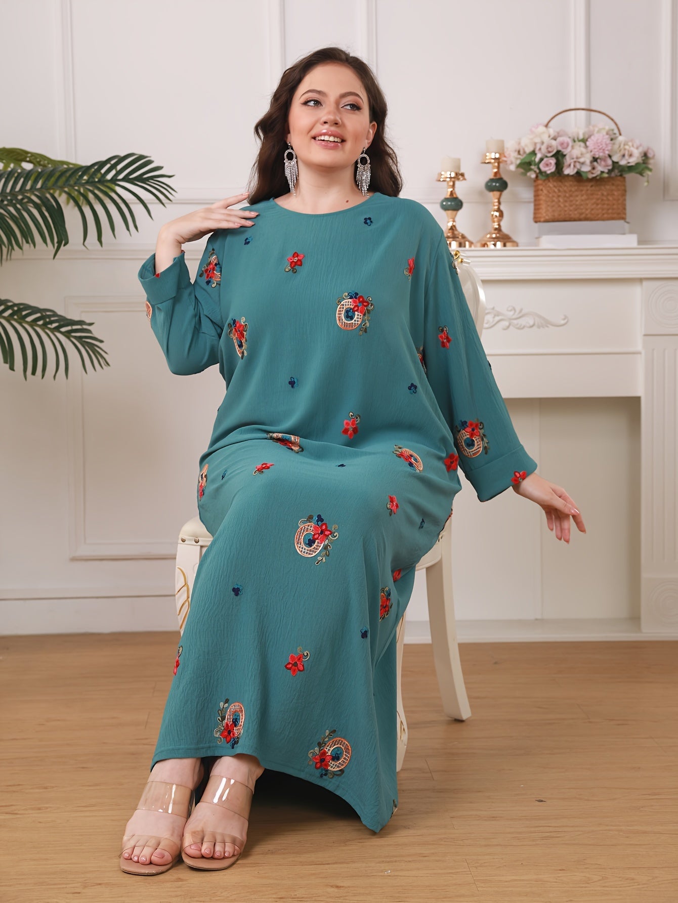 Plus Size Floral Print Abaya for Women Long Sleeve Loose Fit Middle Eastern Style