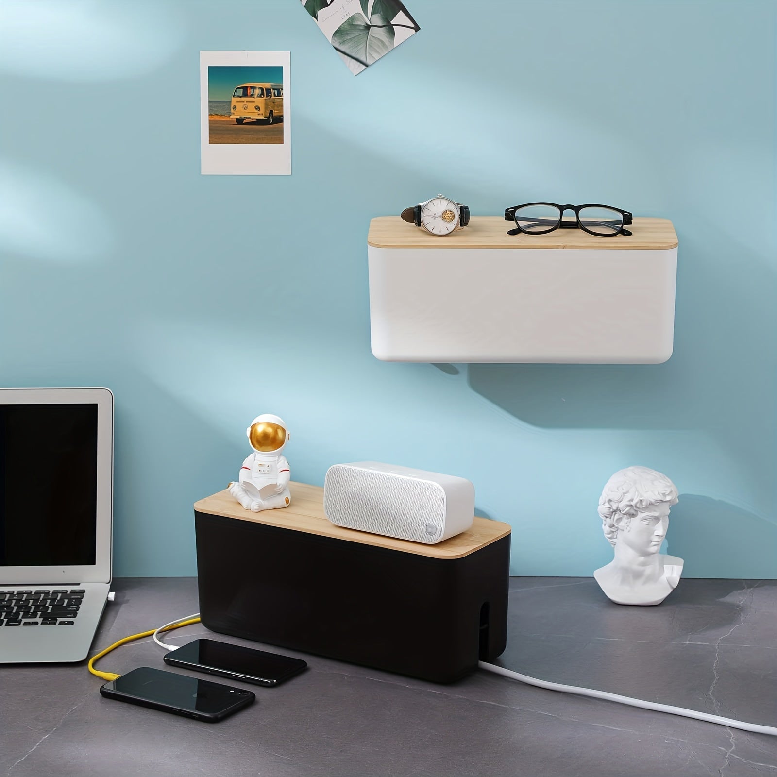 Caja de almacenamiento de escritorio con tapa de madera de bambú para organización de cables y maquillaje