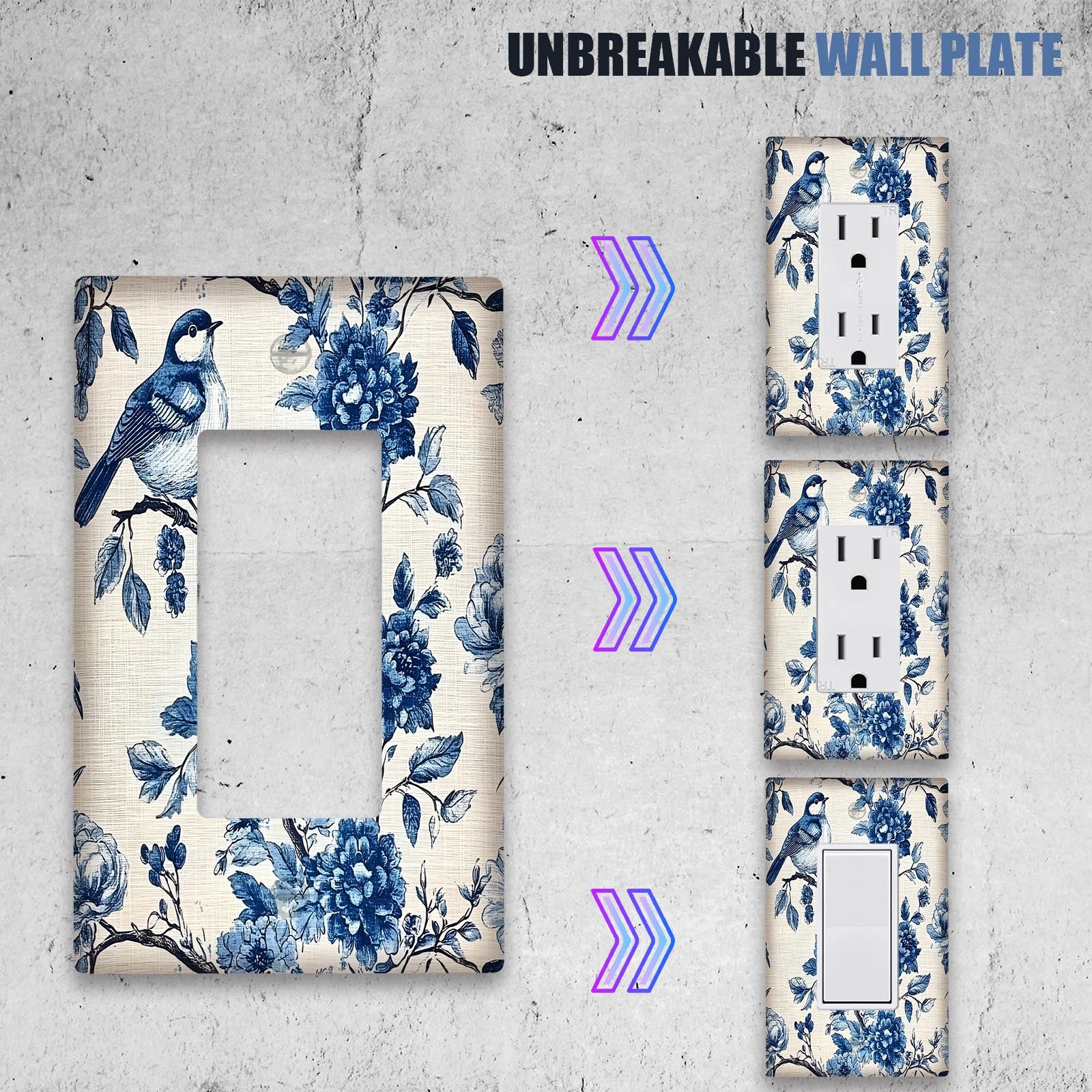 Blue Birds and Floral Wall Plate Cover for Teen Room Bedroom Bathroom Playroom