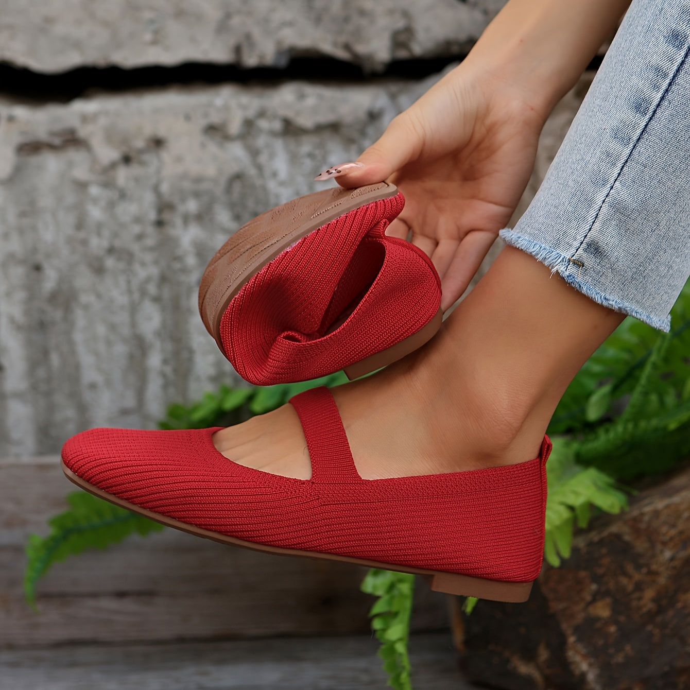 Women's Casual Knit Flats with Square Toe Fabric Upper Slip-On All-Season