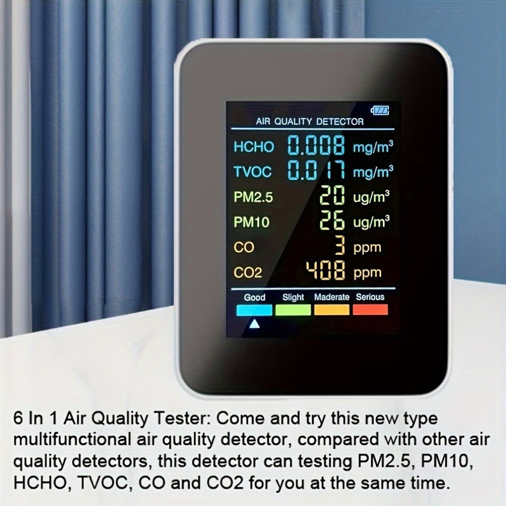 6-in-1 Air Quality Monitor with Large LCD Display Detects CO2 CO PM2.5 PM10 HCHO TVOC for Home Office