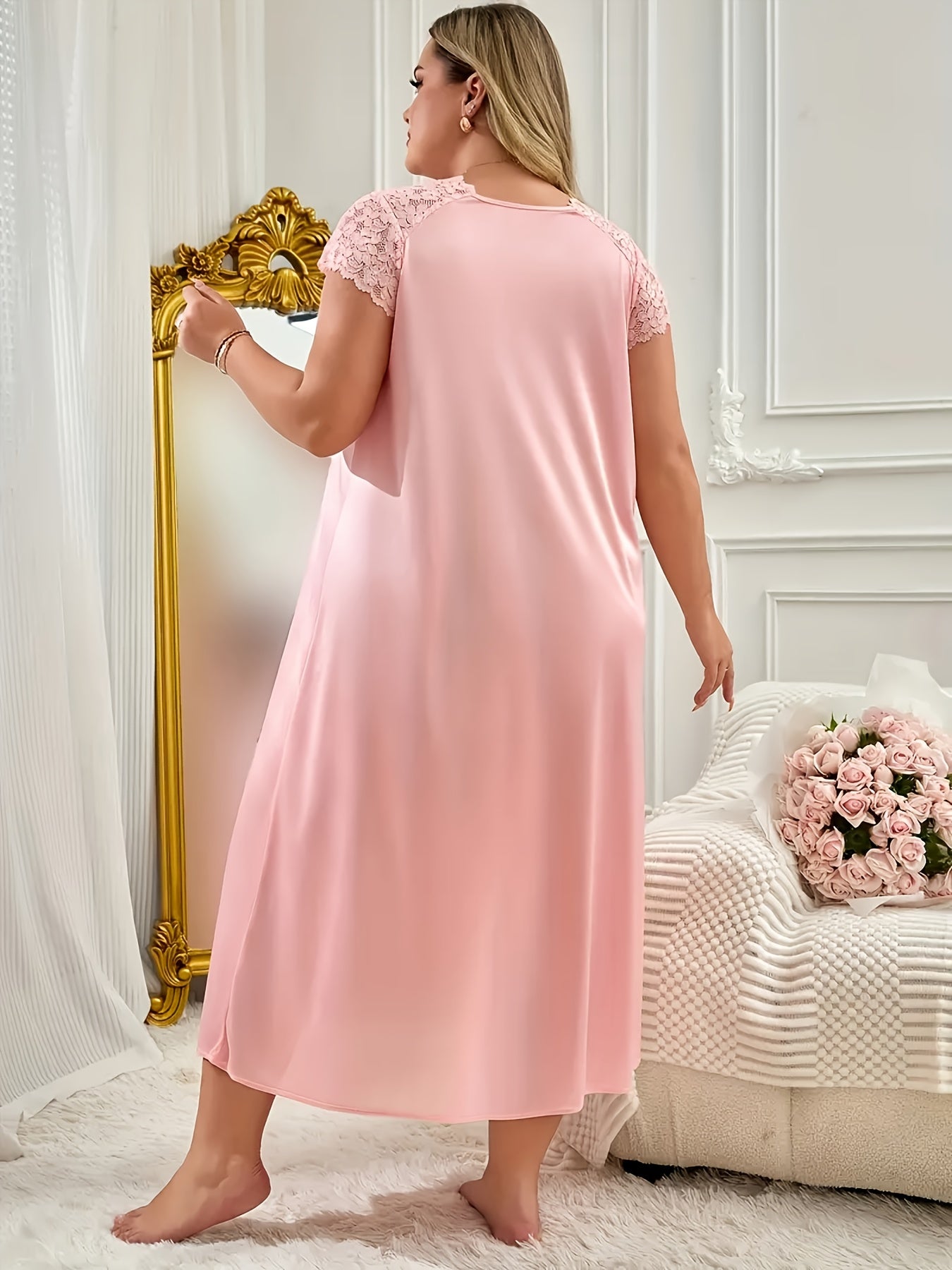 Women V-Neck Long Dress Set, Solid Colors, Plus Size Lounge Sleepwear