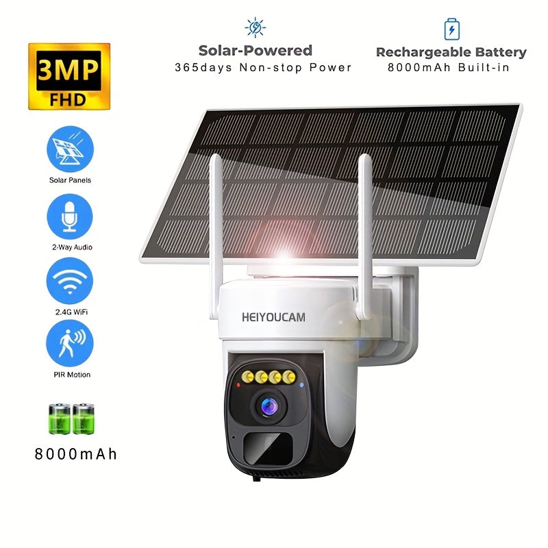 Wireless Outdoor Solar Security Camera 3MP Pan-Tilt 360° Night Vision Motion Detection Two-Way Audio Spotlight Siren Cloud SD Storage