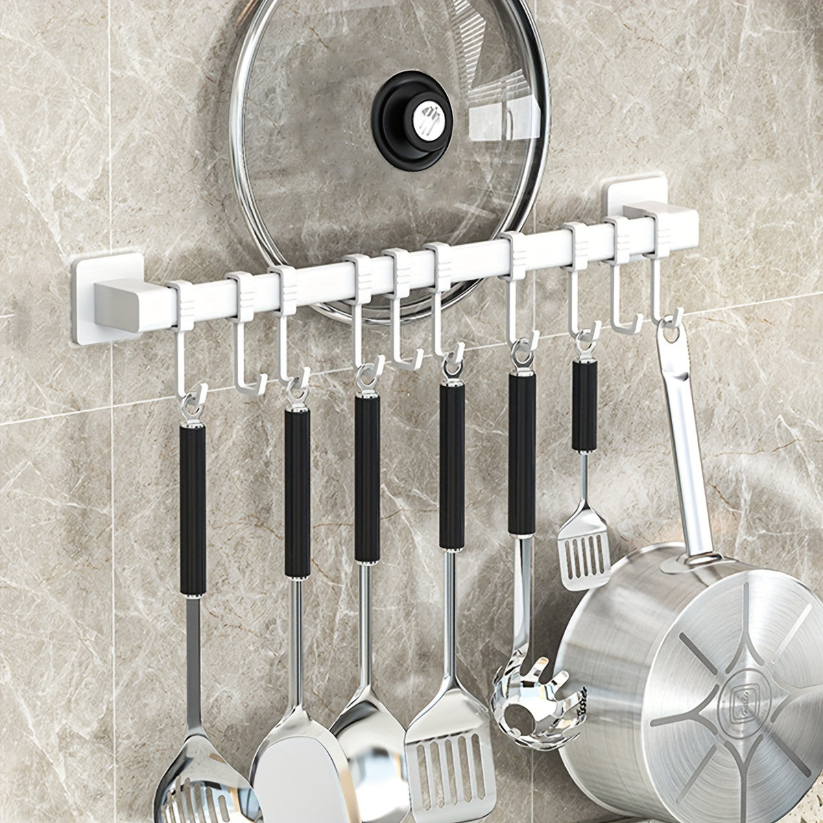 Contemporary Wall-Mounted Kitchen Utensil Holder with Movable Hooks and Organizer Shelf