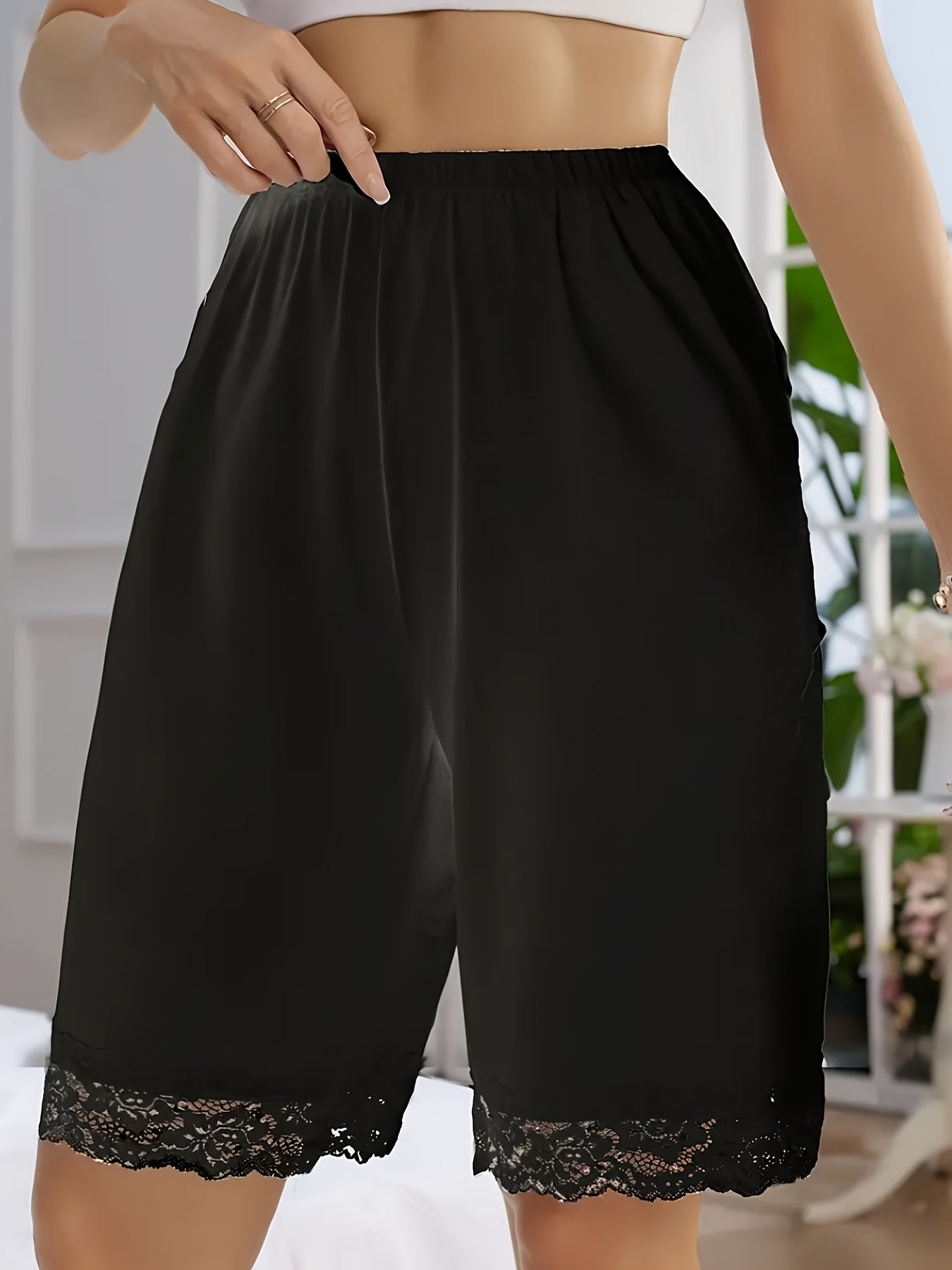 Women's Plus Size Black Lace Detail Shorts Stretchy Loose Fit Casual Wear