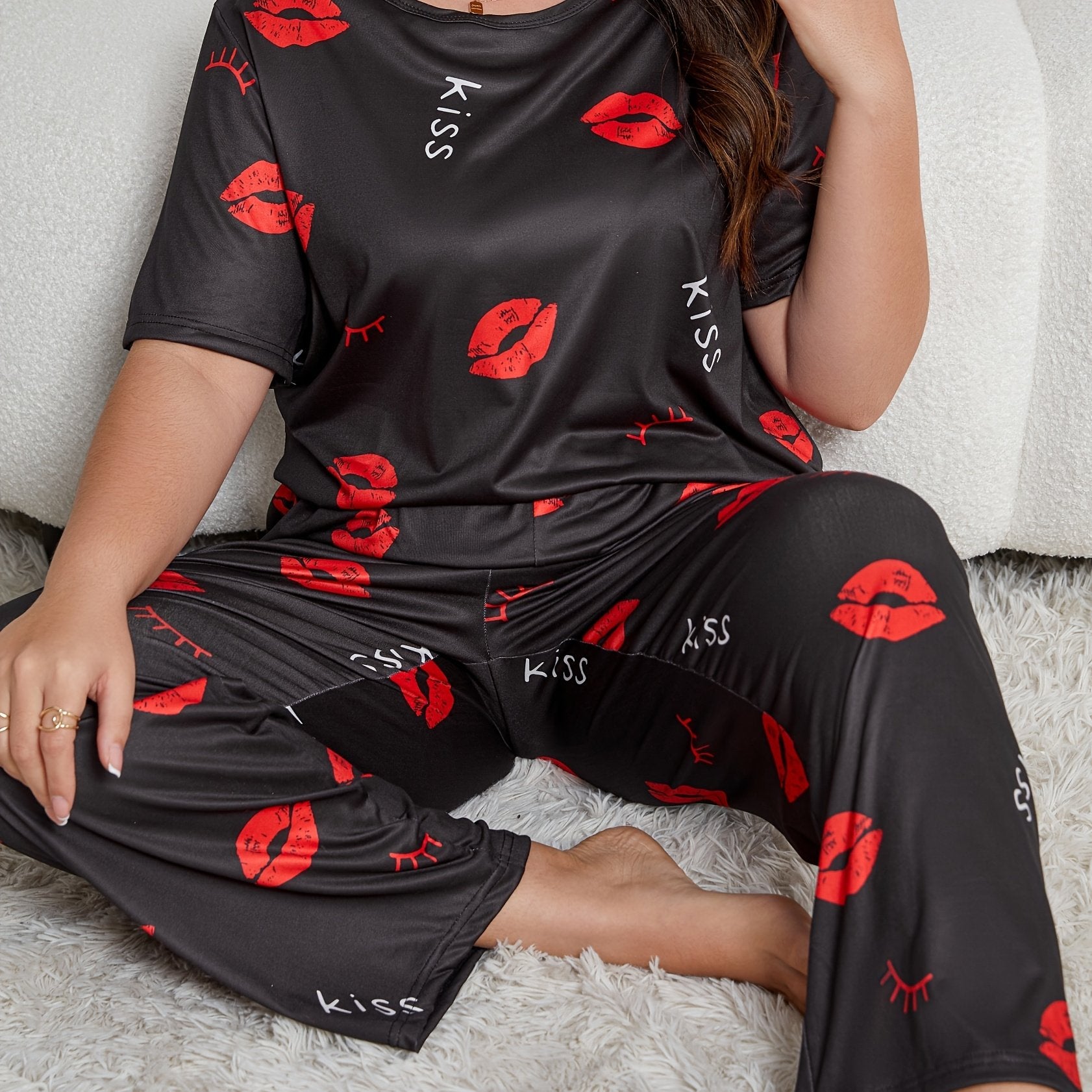 Plus Size Women's Lounge Set Short Sleeve Top and Pants Home Wear