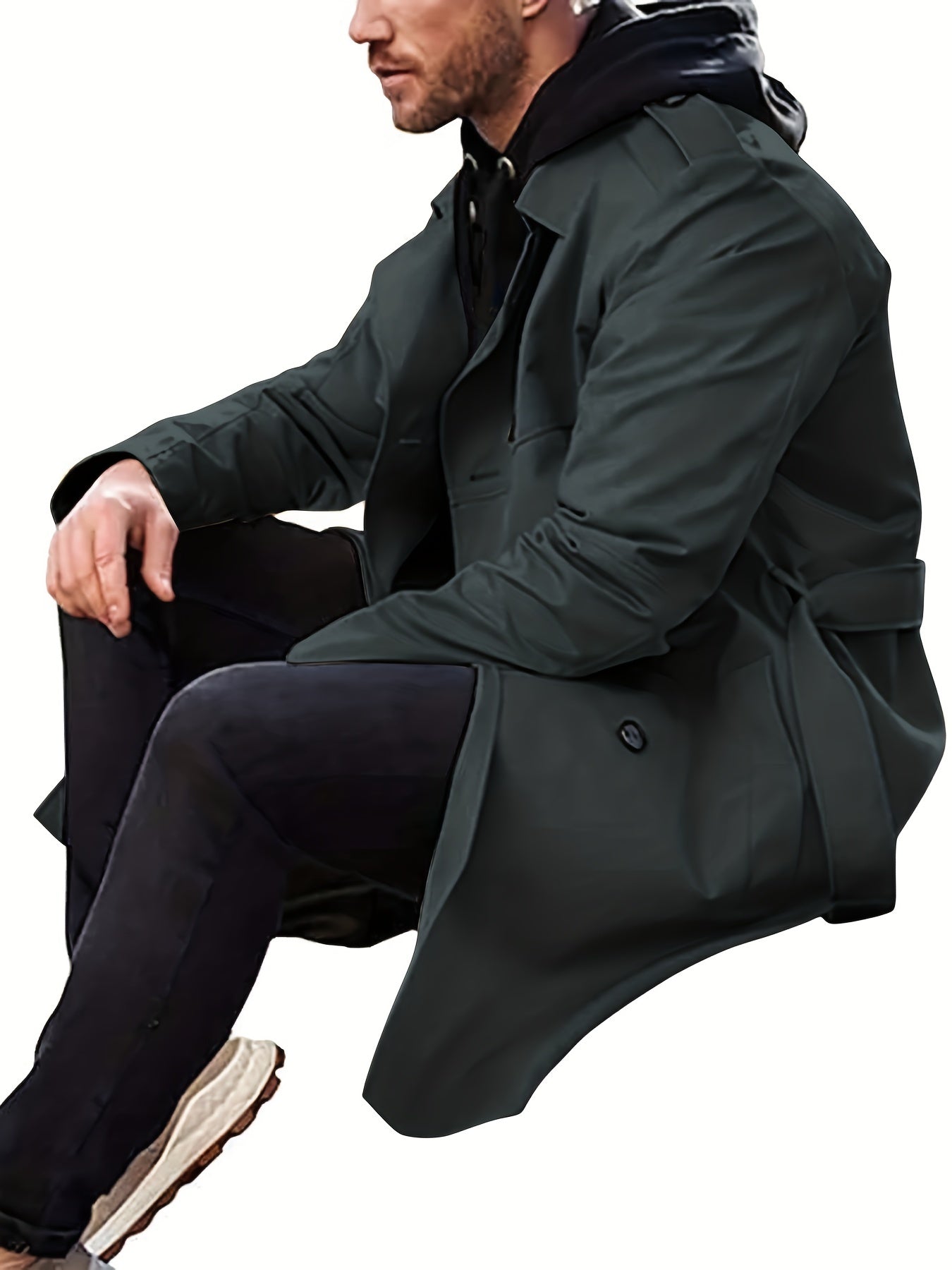 Ветровка большого размера для мужчин из полиэстера однотонного цвета, повседневная, двубортная, с поясом, с лацканами