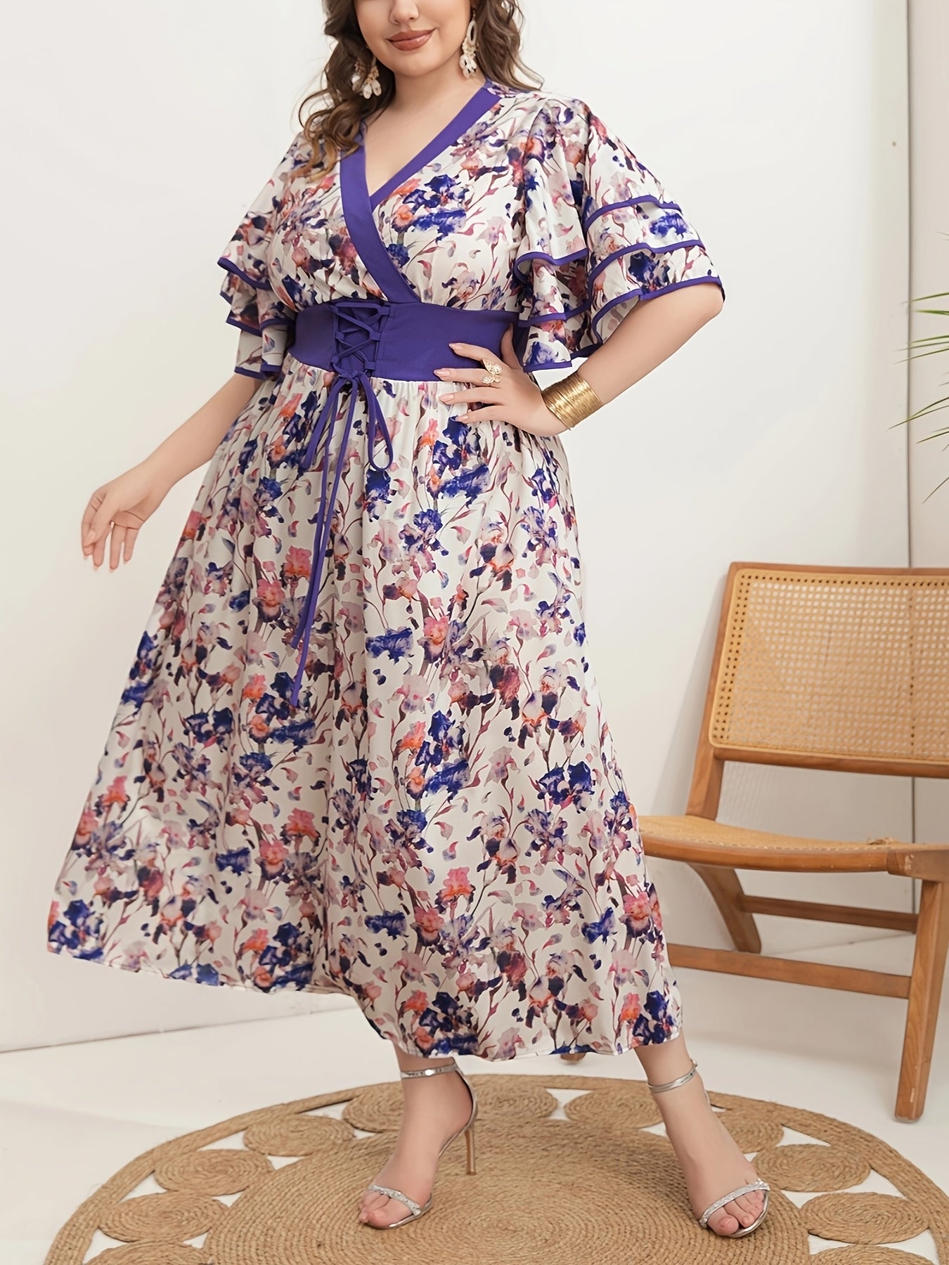 Women's Plus Size Floral V-Neck Tunic Dress with Crossover Back