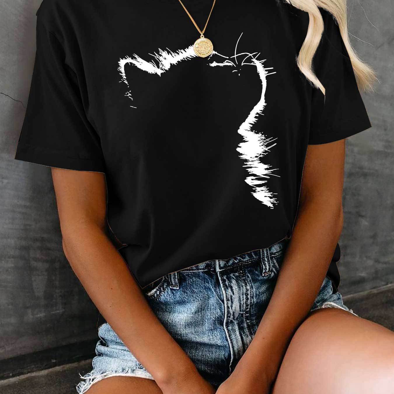 Camiseta casual de algodón para mujer con estampado de gato en el parte superior y cuello redondo para todas las estaciones