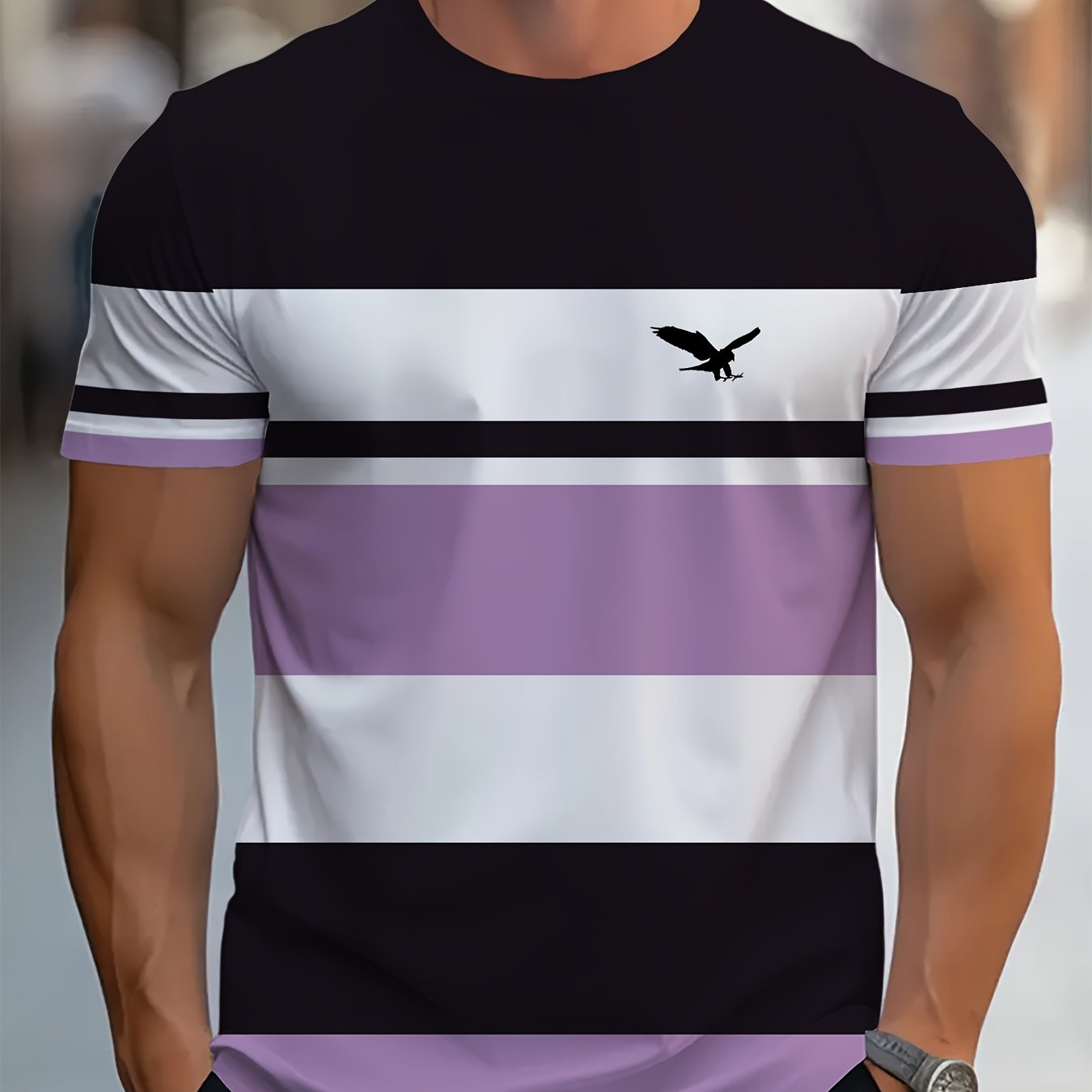 Camiseta de hombre de poliéster a rayas, cuello redondo, manga corta, casual, verano, transpirable, impresión digital