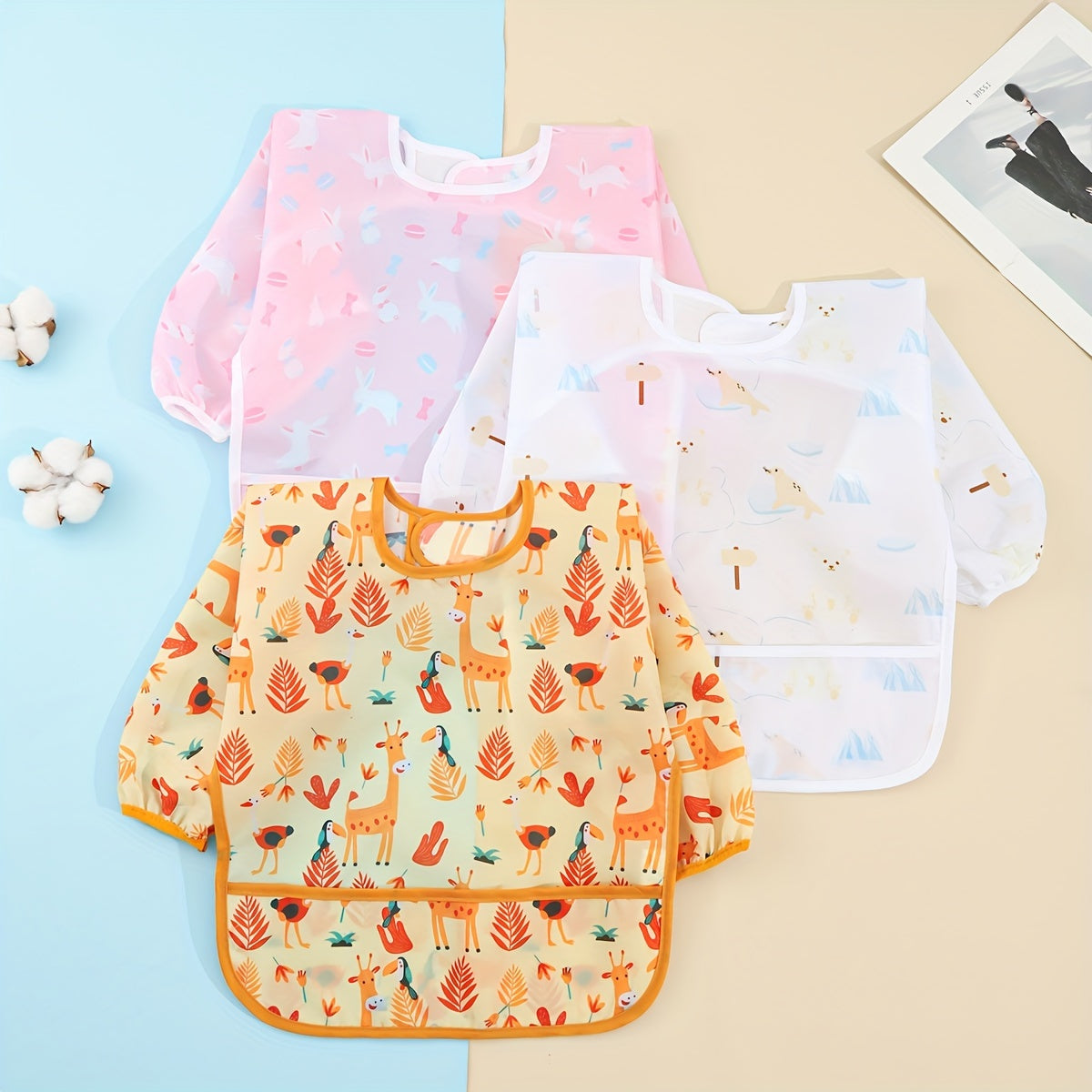 Kids Waterproof Reversible Bib with Cartoon Print, Easy Closure, Polyester Smock for Boys and Girls