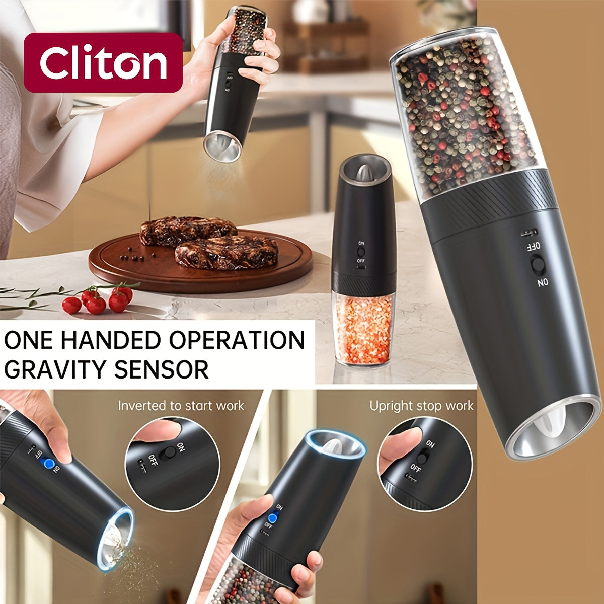 1/2 шт. Электрическая мельница для перца с гравитационным сенсором и светодиодной подсветкой. Перезаряжаемая, полностью автоматическая с большой камерой для наполнения. Необходимый инструмент для приправ.