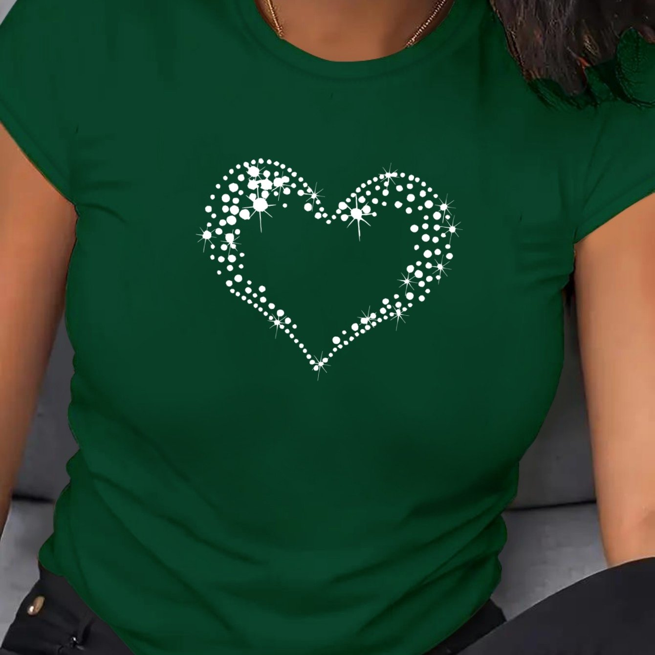 Women's Large Fit Heart Print T-Shirt - Soft Breathable Polyester Casual Short Sleeve