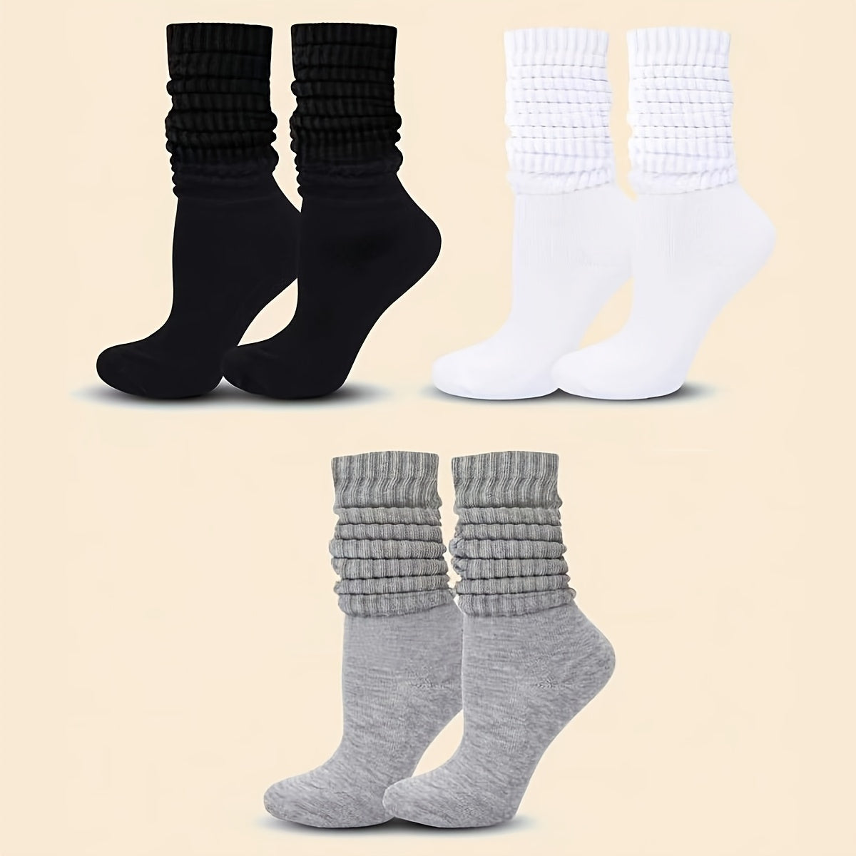 Women's Mid-Calf Socks Set of 3 Black White Gray Solid Comfortable Knit Fashionable