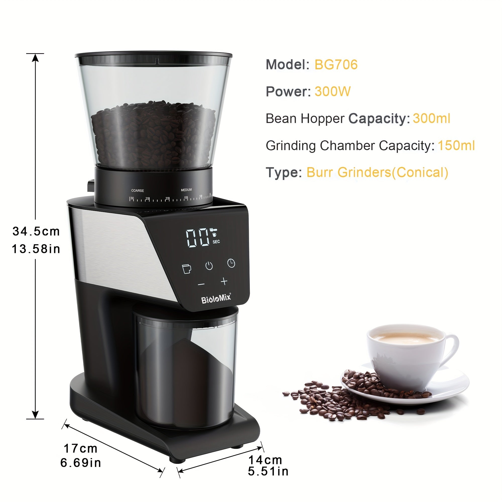 Conical Burr Electric Coffee Grinder with 30 Precision Settings Food Grade Plastic 220-240V
