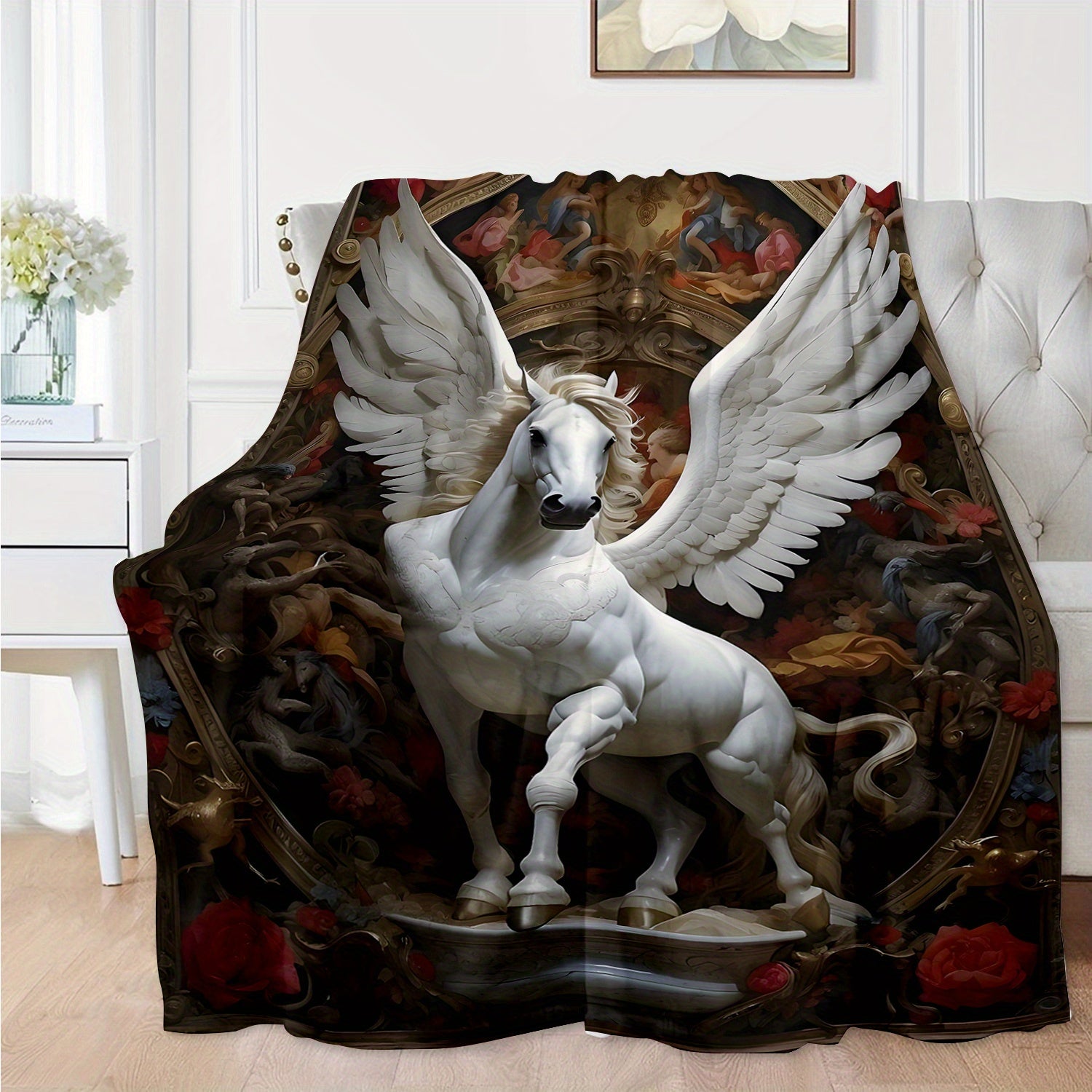 Soft Knitted Polyester Blanket with White Pegasus and Floral Angel Wings 70x100cm