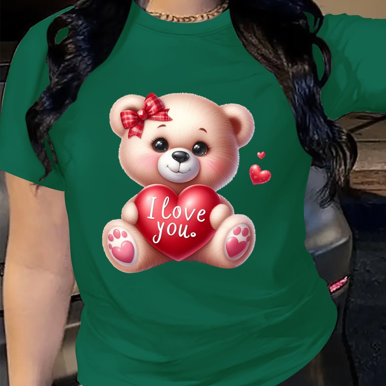 Plus Size Women's Loose Fit T-Shirt with Cartoon Bear and Heart Print
