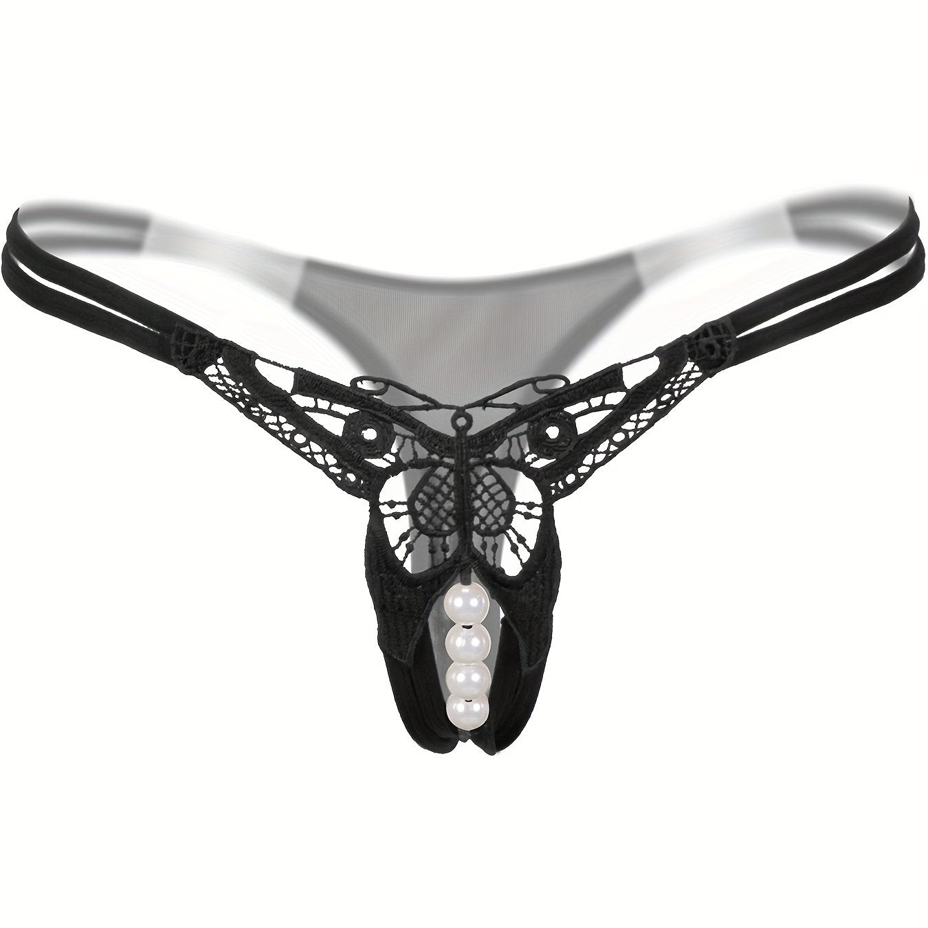 Women's Low-Rise Embroidered Sheer Thong with Pearl Accents