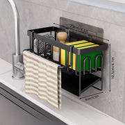 Organizador de fregadero de cocina con soporte para toallas, soporte para esponjas de metal, soporte para jabón y drenaje automático
