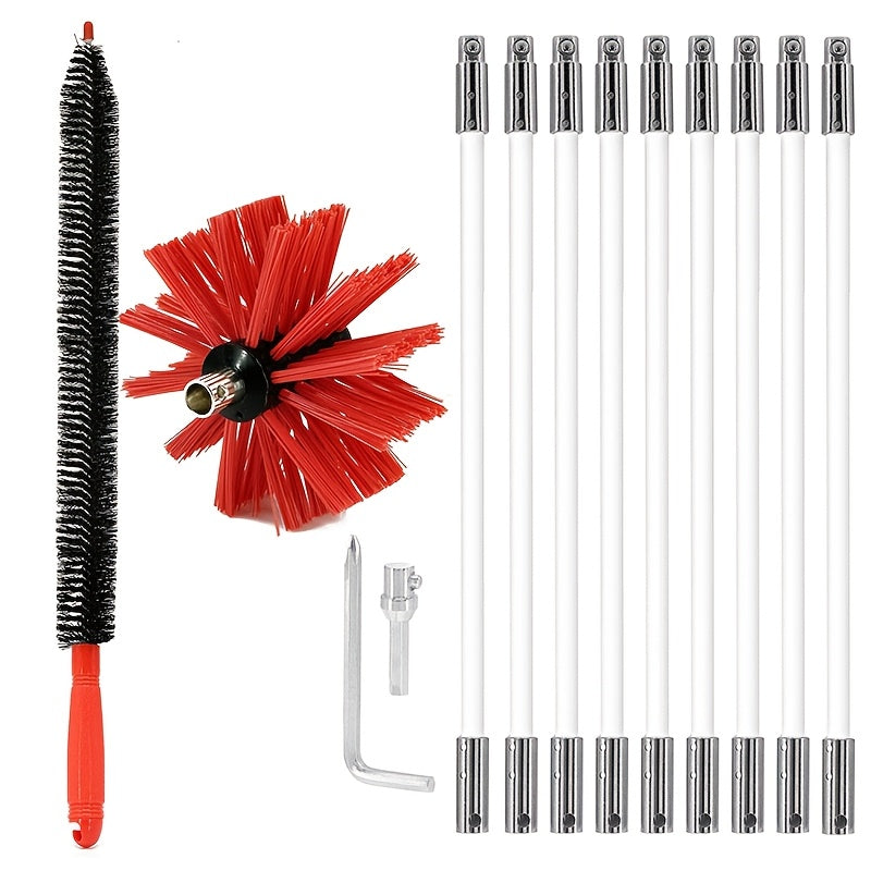 Set of 13 Red Chimney and Exhaust Fan Brushes, Adjustable Nylon Duct Cleaners