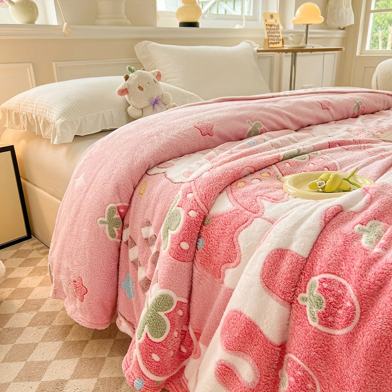Pink Strawberry and Bear Pattern Blanket for Sofa Bed Naps Soft Cozy All-Season Polyester