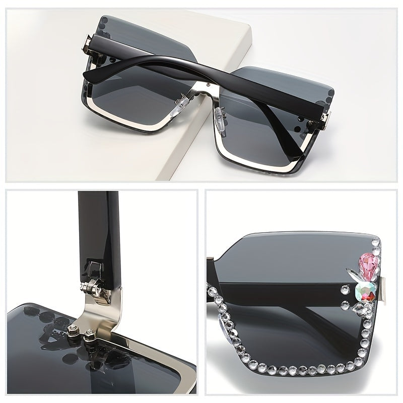 Большие квадратные безободковые солнцезащитные очки с стразами и градиентными линзами для женщин