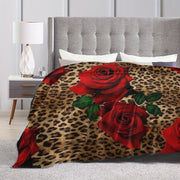 Leopard and Rose Print Flannel Throw Blanket Reversible Soft Warm for Couch Bed Travel
