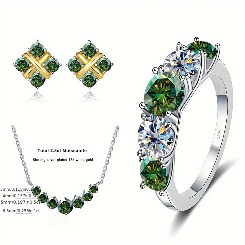 Sterling Silver 4-Piece Jewelry Set with Moissanite Necklace Earrings Ring Gift for Holidays