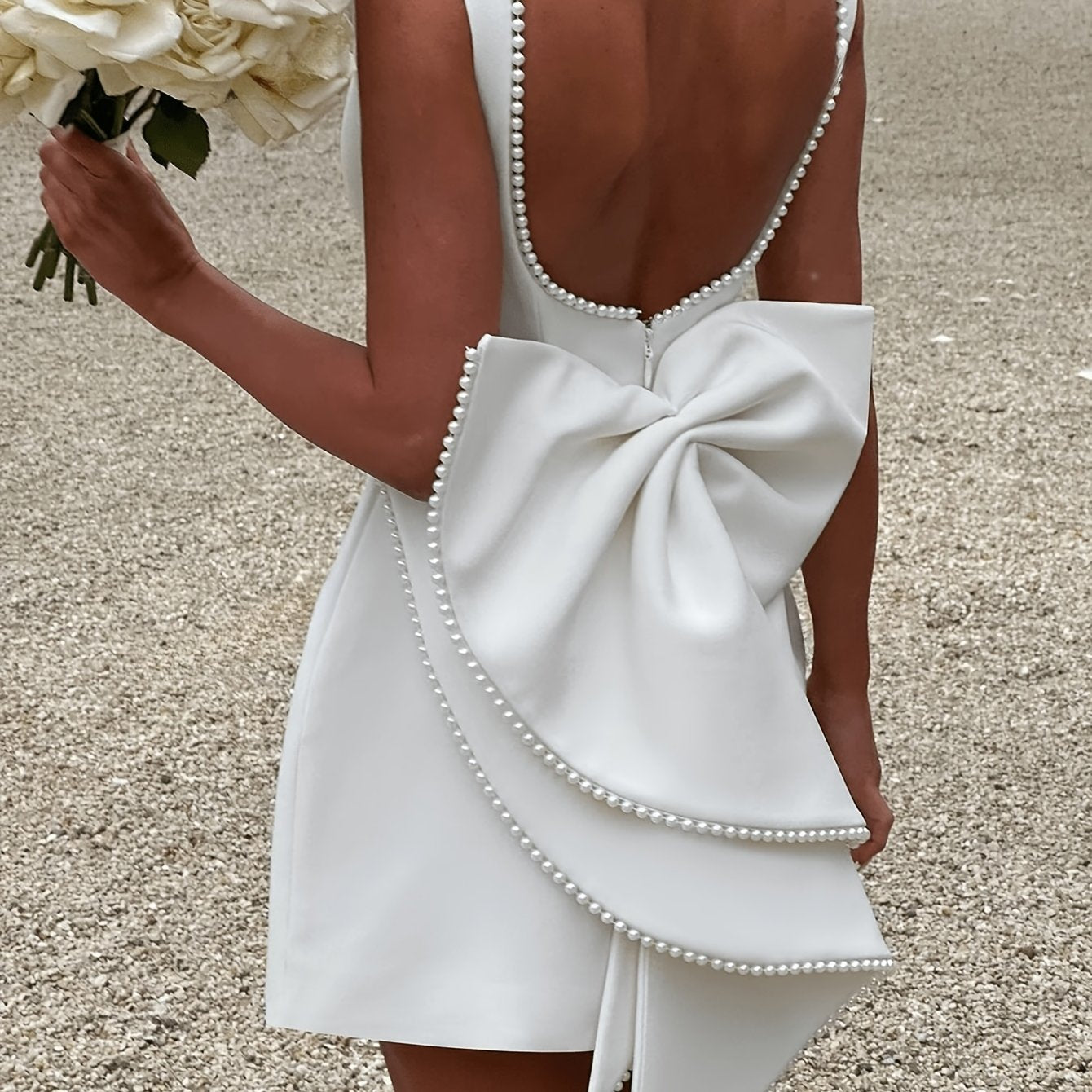 Plus Size Summer Sleeveless Evening Dress with Bow Faux Pearl Embellishments