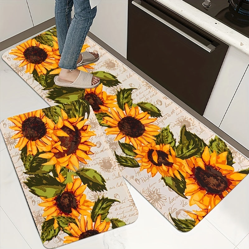 Sunflower Print Kitchen Floor Rug Water-Resistant Machine Washable Entrance Doormat