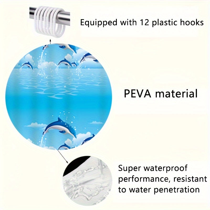 Dolphin Shower Curtain Waterproof PVEA Fabric Blue White Cloud Design 180cm x 180cm