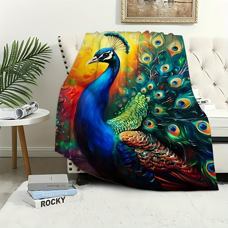 Peacock Print Flannel Throw Blanket for All Seasons Hand Washable Stylish