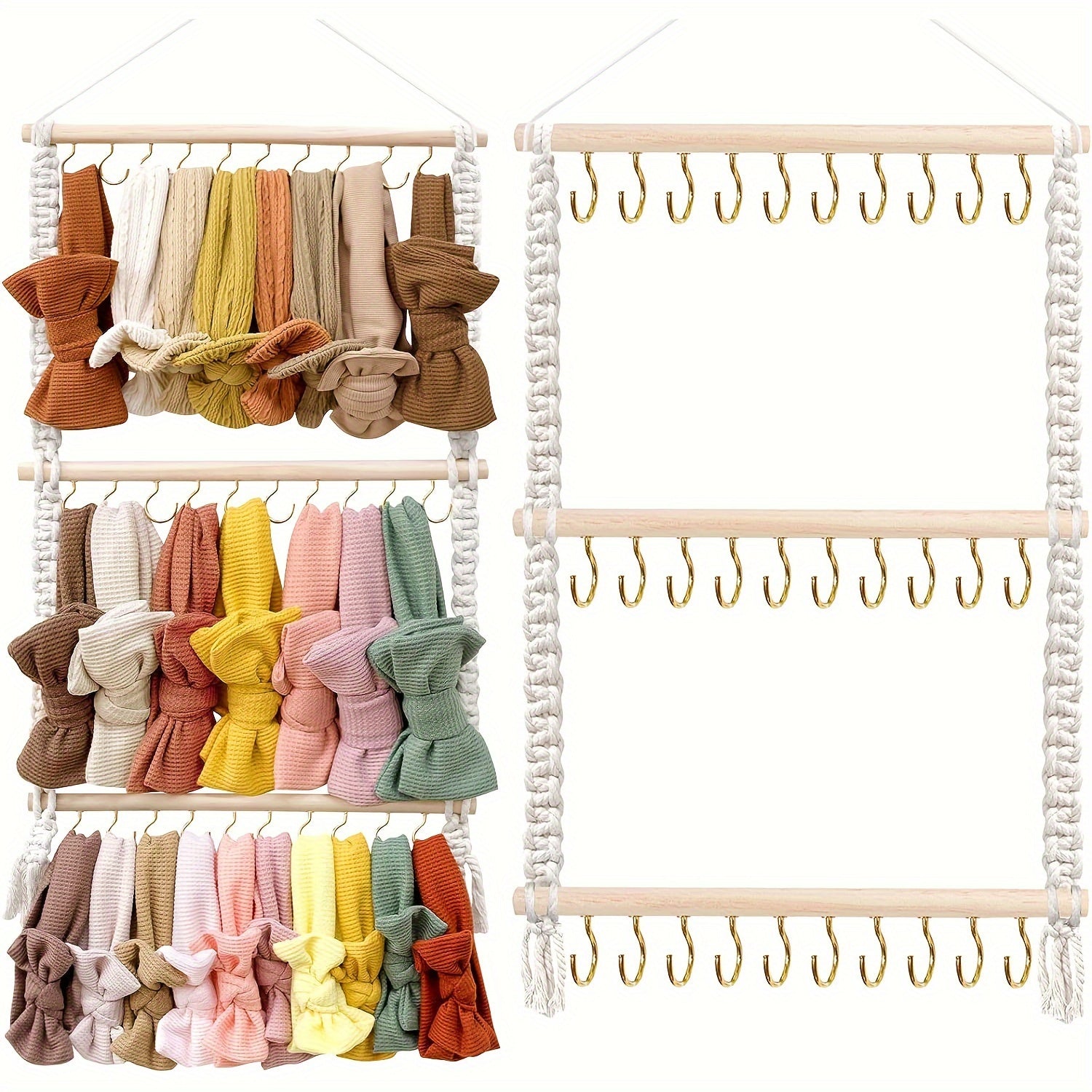 Bohemian Handwoven Macrame Headband Organizer with Wooden Bow for Girls Room Decor