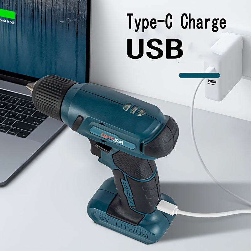Juego de taladro eléctrico de litio con luz LED de carga USB, destornillador inalámbrico para tareas de bricolaje