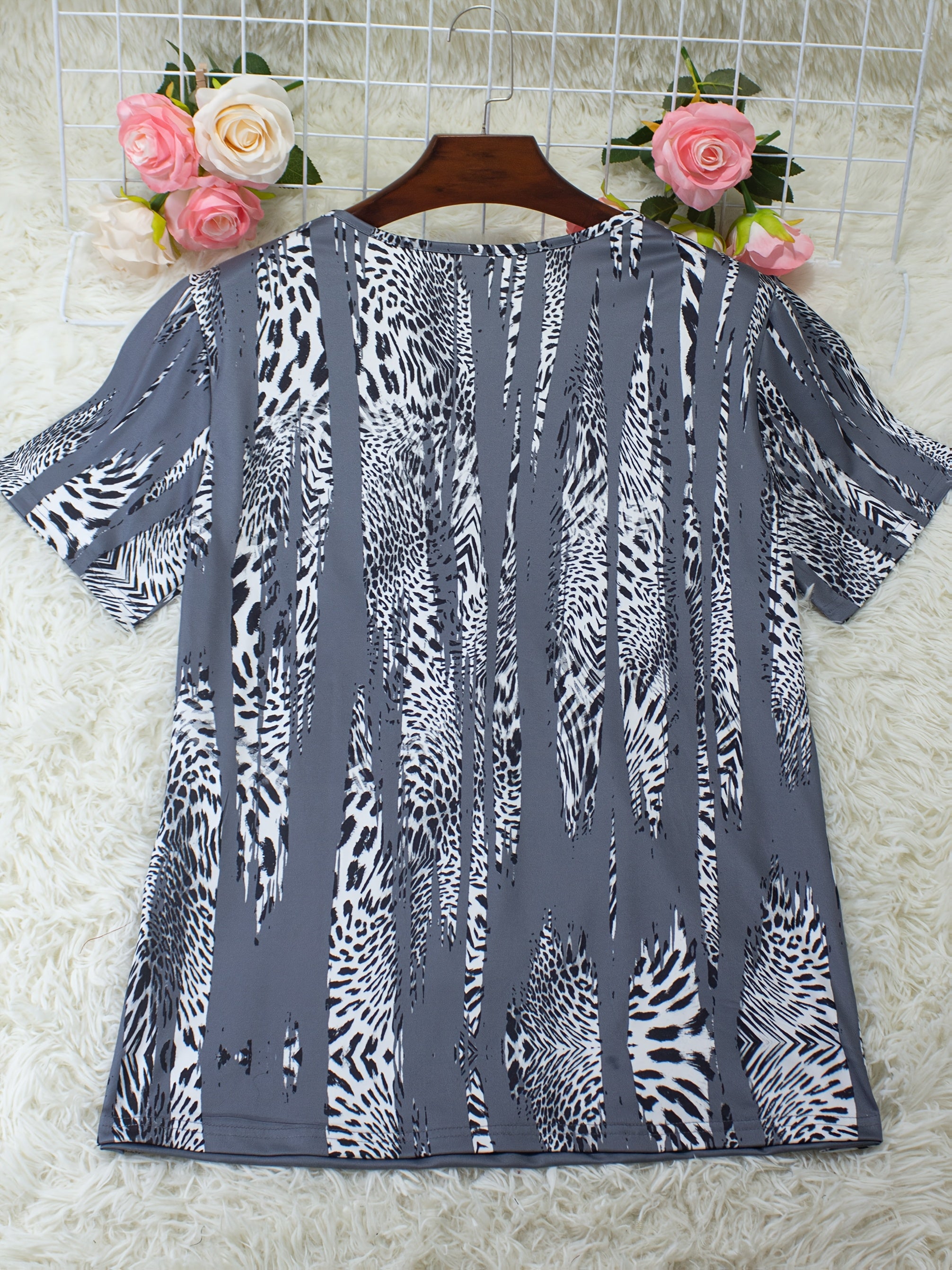 Plus Size Women's Short Sleeve T-Shirt Ethnic Print Faux Two-Piece Bow Ring