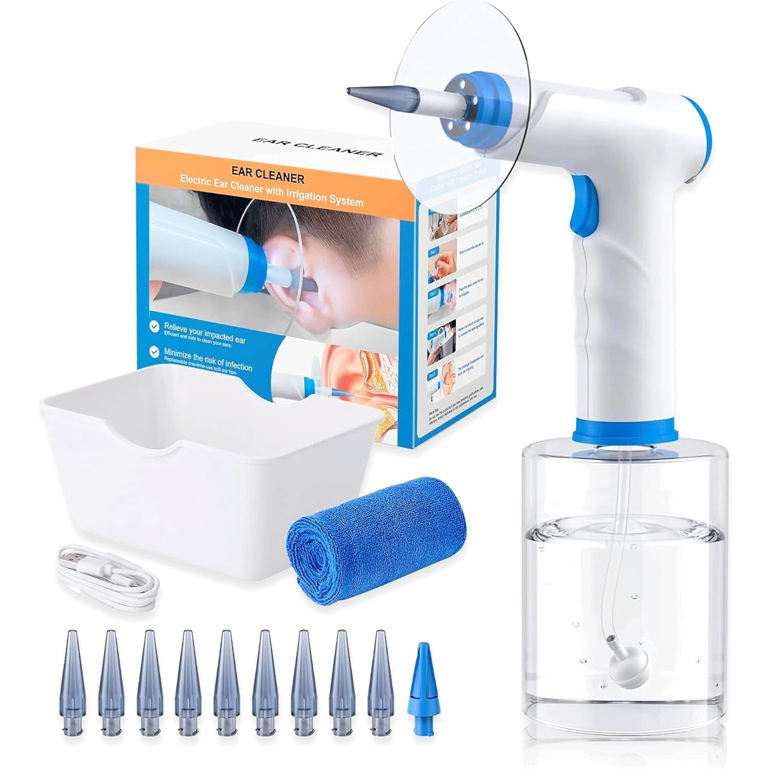 Inskam qayta zaryadlanadigan quloq mumini olib tashlash to'plami, 4 rejimda - USB va batareya bilan ishlaydi, idish, sochiq va 10 ta maslahatni o'z ichiga oladi.