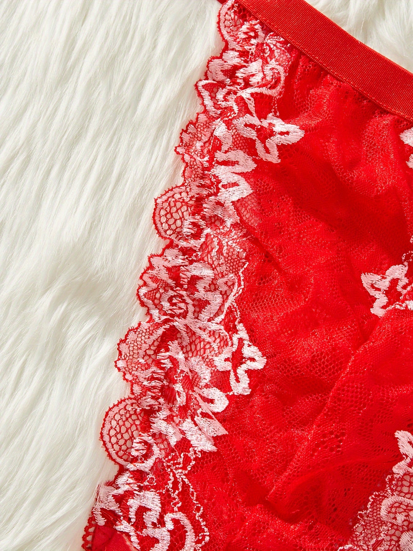 Women's Lace Trim Semi-Sheer Polyester Blend Thong with Bow Detail