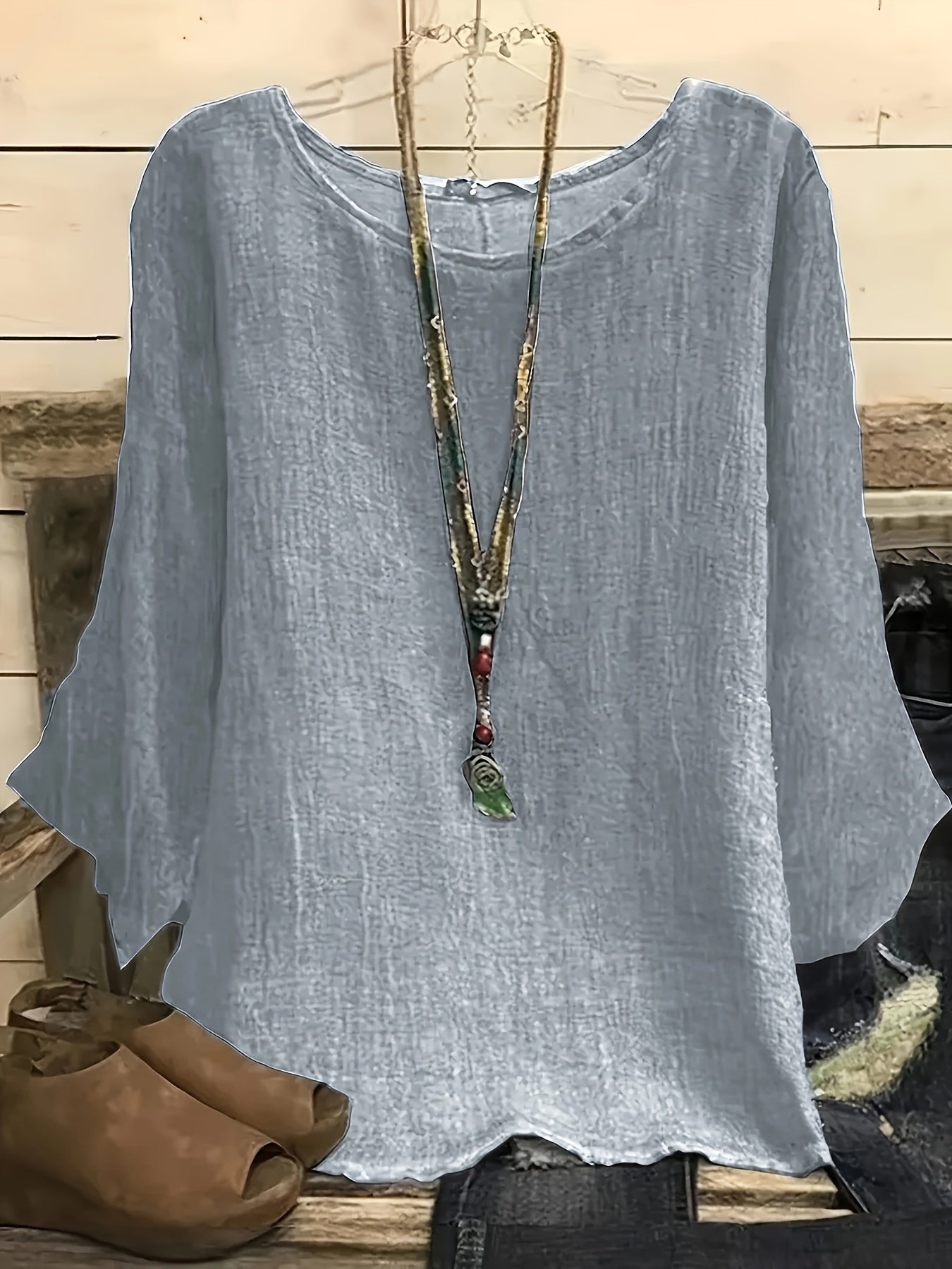 Plus Size Solid Color T-Shirt with 3/4 Sleeves for Spring Summer Casual Women