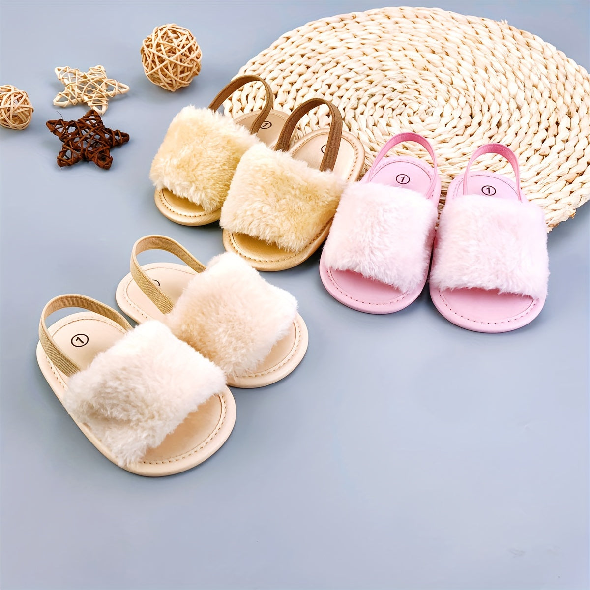Summer Fuzzy Baby Sandals for Newborns 0-12 Months Non-slip Canvas Shoes
