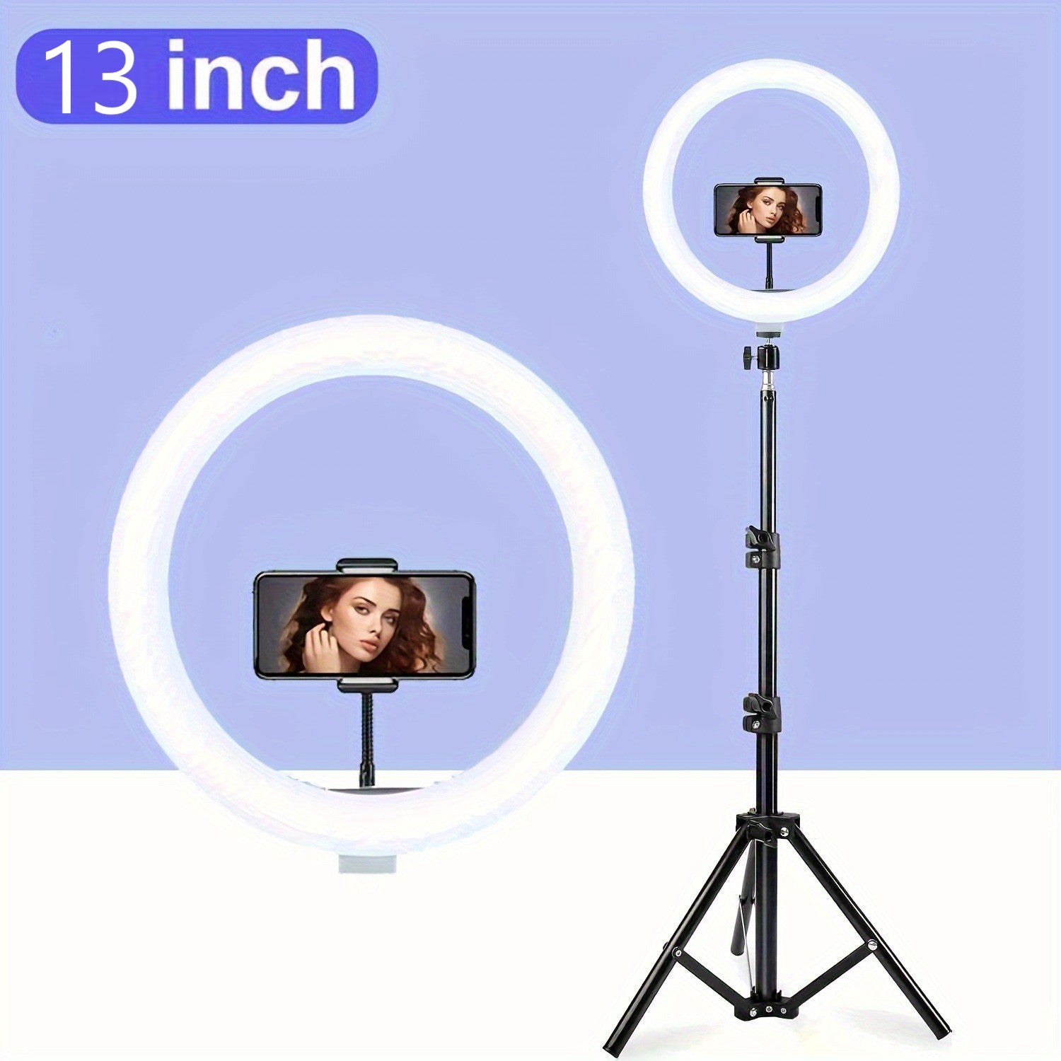 13 dyuymli LED halqa chiroqi jonli efir, fotografiya, video konferensiya uchun portativ, USB bilan quvvatlanadigan, sozlanadigan balandlik