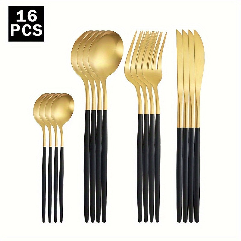 Juego de cubiertos de acero inoxidable de 16 piezas para cenas de bistec y postres