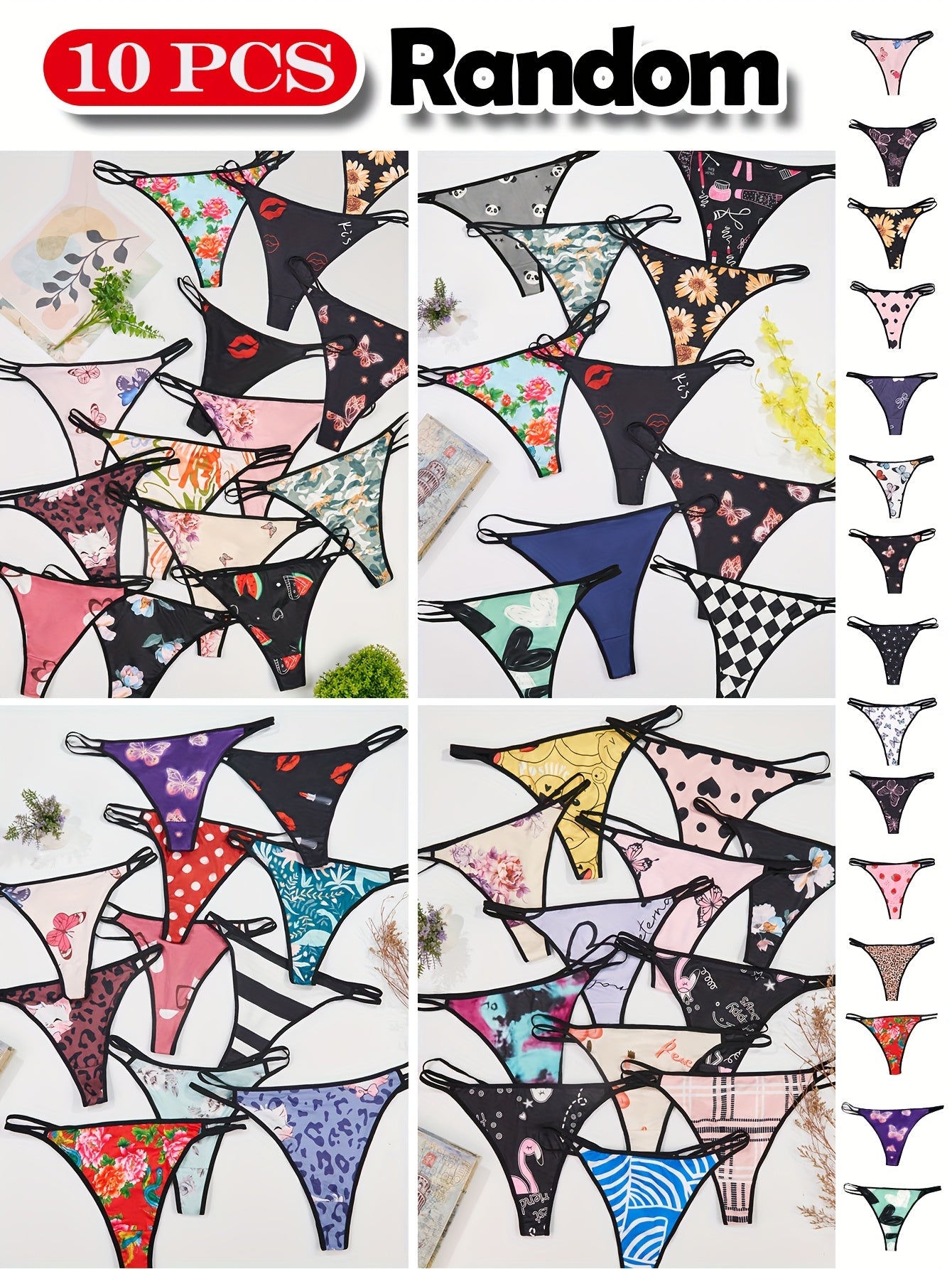 Women's Plus Size Low-Rise Thong Underwear 10 Pack Floral Abstract Print